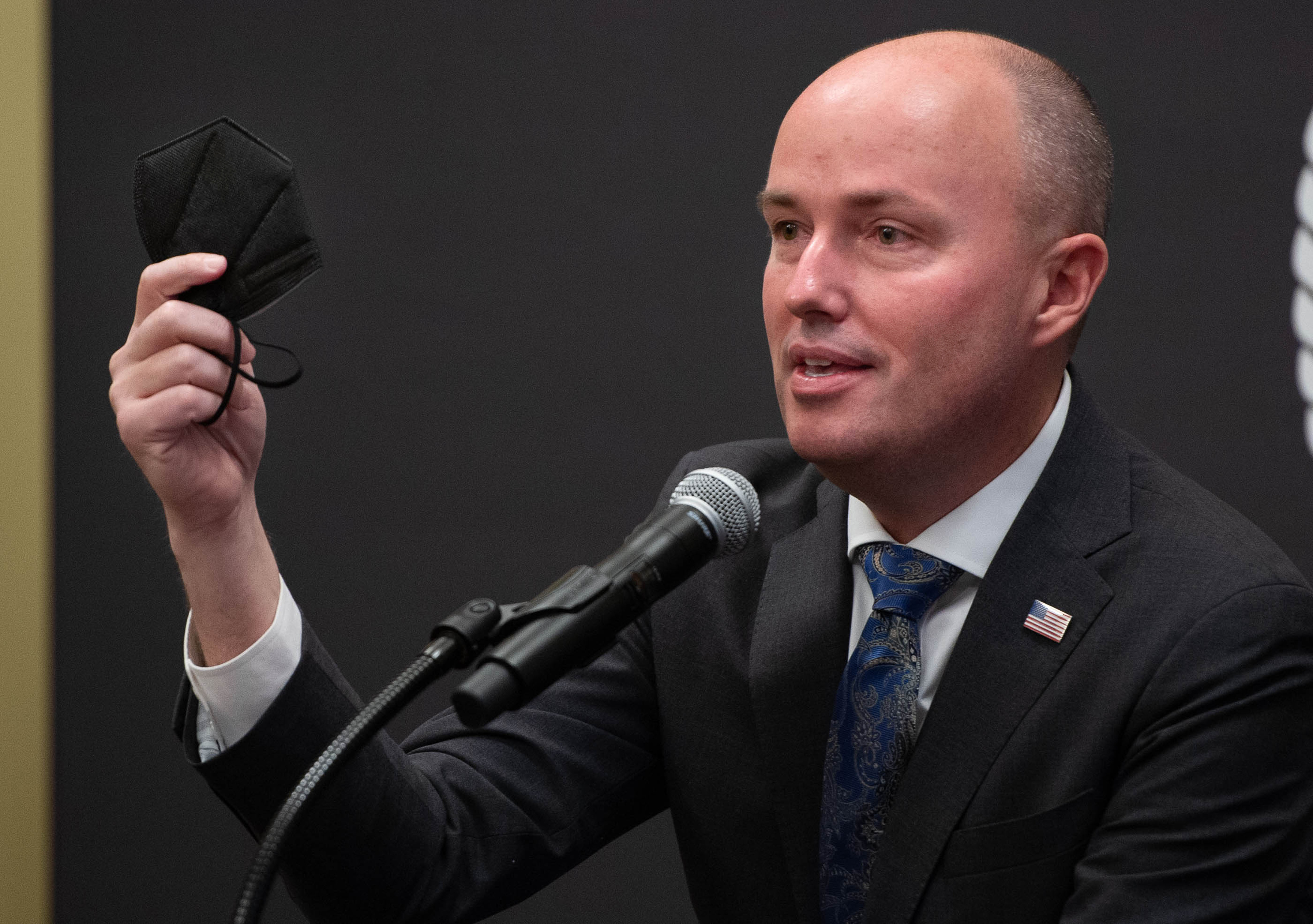 Gov. Spencer Cox talks about his plans to hopefully burn his mask by July 4th as he speaks a COVD-19 briefing at the Capitol in Salt Lake City on Thursday, Feb. 25, 2021.