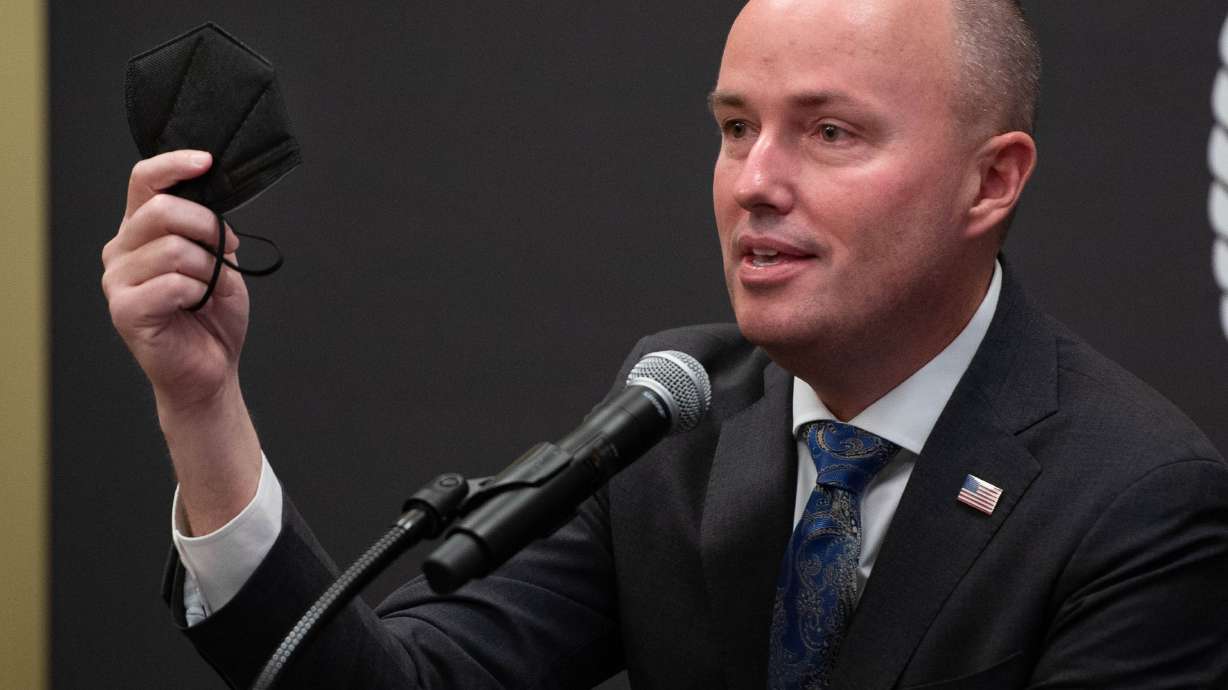 Gov. Spencer Cox talks about his plans to hopefully burn his mask by July 4th as he speaks a COVD-19 briefing at the Capitol in Salt Lake City on Thursday, Feb. 25, 2021.