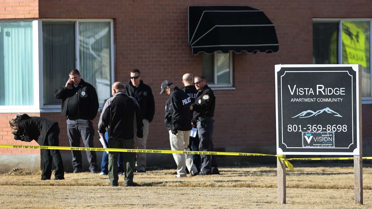 Provo police investigate after a Provo police officer was injured during an exchange of gunfire with a man at Vista Ridge Apartment Community in Provo on Feb. 25.