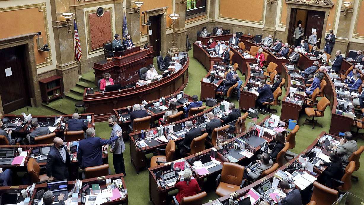 House Speaker Brad Wilson, R-Kaysville, speaks in the
House chamber during the Legislature’s 2021 general session at the
Capitol in Salt Lake City on Friday, Feb. 12, 2021.