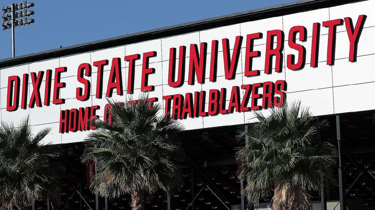 Dixie State University’s football stadium in St. George
is pictured on Sunday, Oct. 11, 2020. The Utah Senate sent a bill
that creates a process to change the name of university to the
Senate Education Committee late Friday, Feb. 26, 2021.