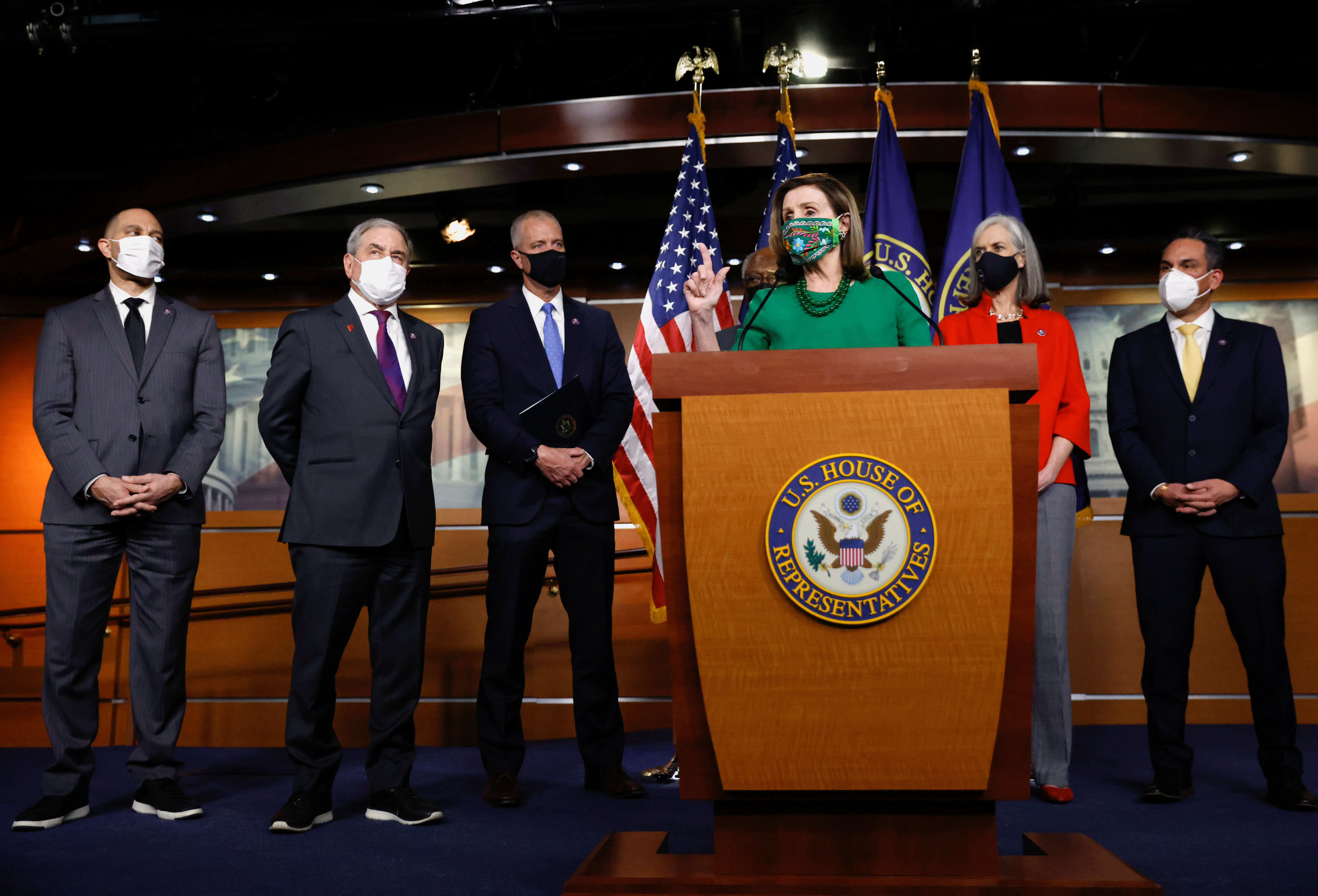U.S. Speaker of the House Nancy Pelosi speaks during a news conference on the day the House of Representatives is expected to vote on legislation to provide $1.9 trillion in new coronavirus relief at the U.S. Capitol in Washington, Feb. 26, 2021.