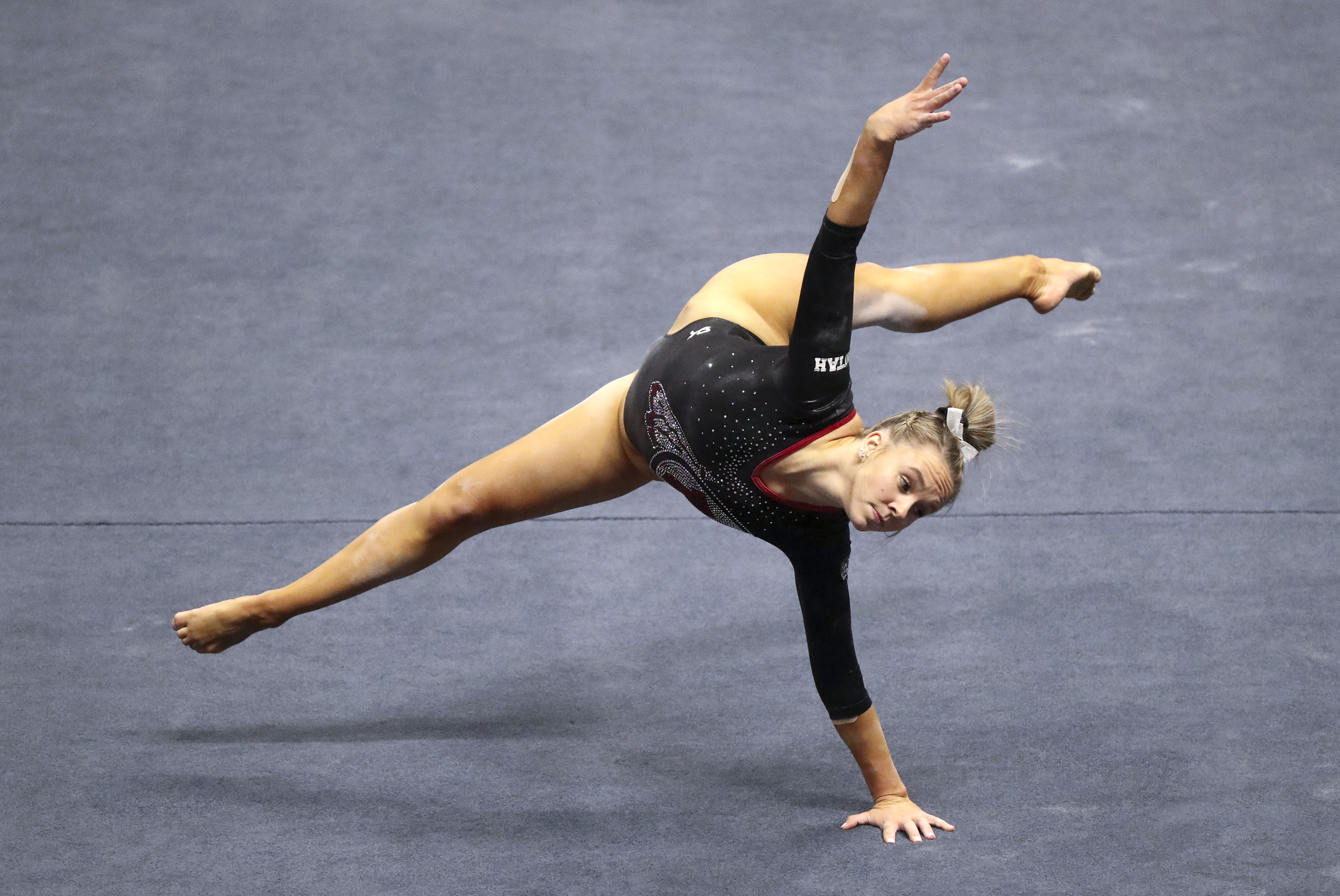 Utah Red Rocksâ Maile OâKeefe does her floor routine during a gymnastics meet against the Cal Golden Bears at the Huntsman Center in Salt Lake City on Friday, Feb. 26, 2021. Utah won and OâKeefe was the teamâs high scorer.