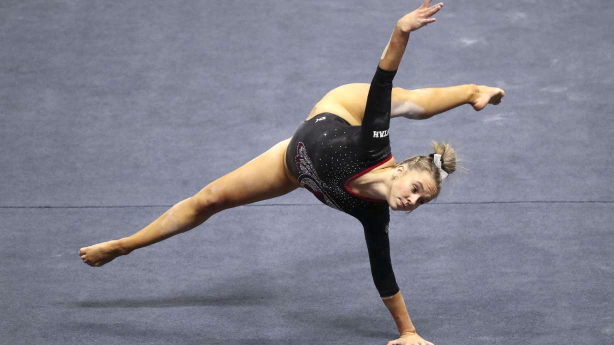 Utah Red Rocksâ Maile OâKeefe does her floor routine during a gymnastics meet against the Cal Golden Bears at the Huntsman Center in Salt Lake City on Friday, Feb. 26, 2021. Utah won and OâKeefe was the teamâs high scorer.