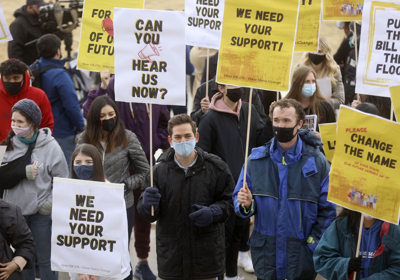 Dixie State University students urge Utah senators to
hear a bill to change the university’s name during a rally by the
front steps of the Capitol in Salt Lake City on Wednesday, Feb. 24,
2021.