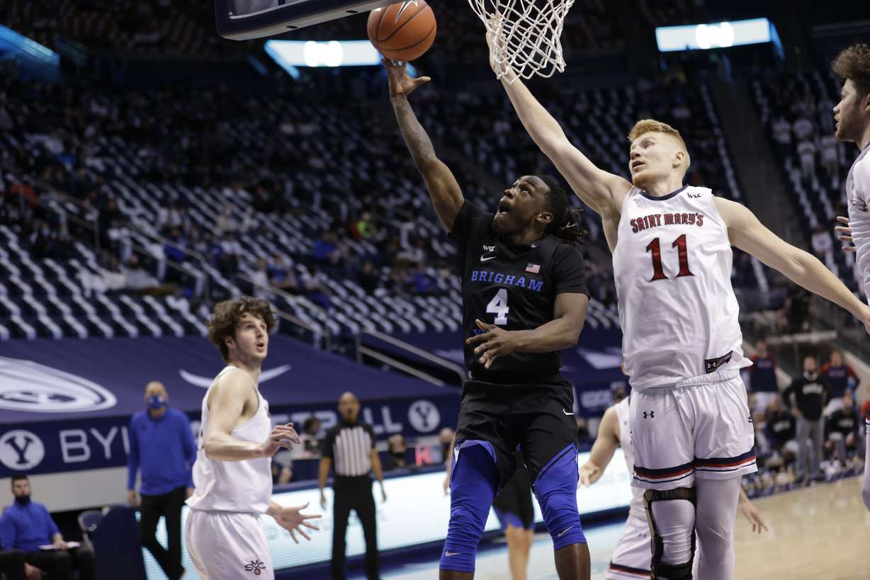 BYU guard Brandon Averette scores as the Cougars beat Saint Mary's on Senior Night in Provo, Saturday, Feb. 27, 2021.