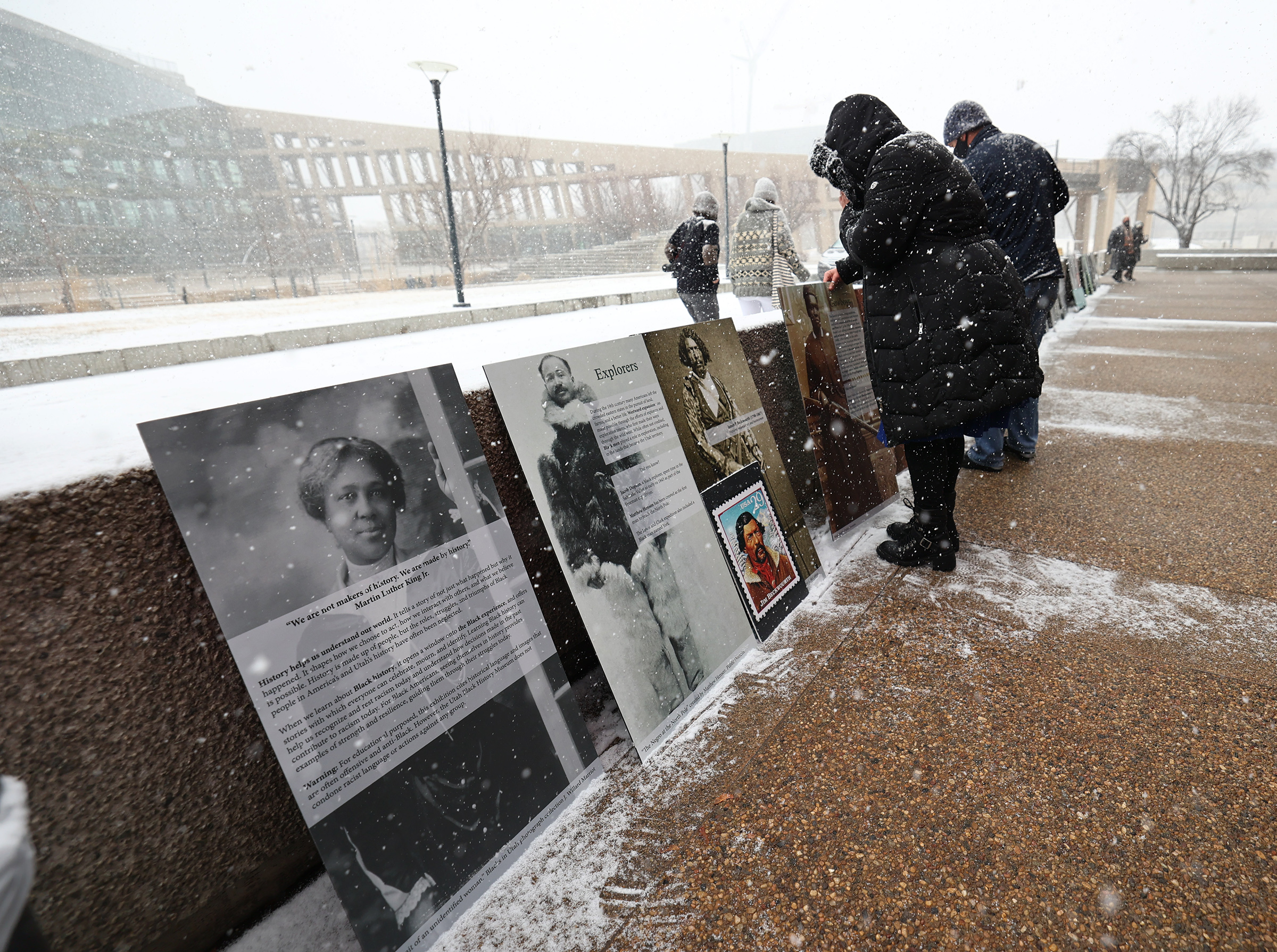 Visitors look at a few of the displays as the Utah chapter of Black Lives Matter hosts a press conference and ribbon-cutting ceremony for the opening of the Utah Black History Museum, the state's first museum dedicated to local and national African American history at the Leonardo in Salt Lake City on Saturday, Feb. 27, 2021.