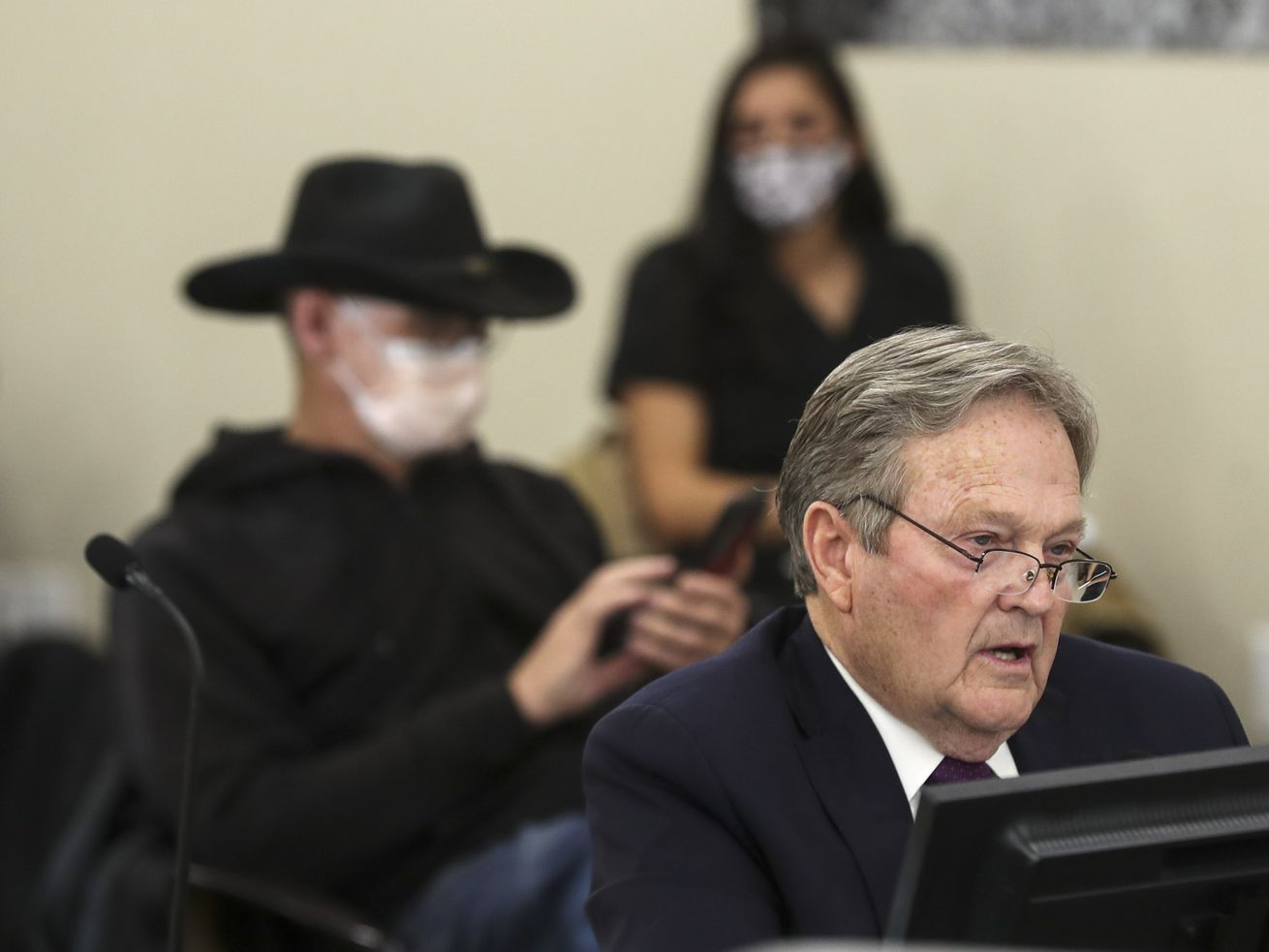 Sen. Jerry Stevenson, R-Layton, sponsor of SB243, talks
about the bill during a hearing before the Senate Government
Operations and Political Subdivisions Standing Committee in the
Senate Building at the Capitol complex in Salt Lake City on Monday,
March 1, 2021. The bill would create an inland port fund with a
reported $75 million appropriation.