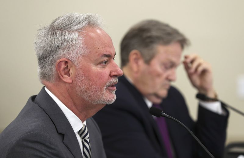 Jack Hedge, executive director of the Utah Inland Port
Authority, discusses SB243 during a hearing before the Senate
Government Operations and Political Subdivisions Standing Committee
in the Senate Building at the Capitol complex in Salt Lake City on
Monday, March 1, 2021. The bill would create an inland port fund
with a reported $75 million appropriation.