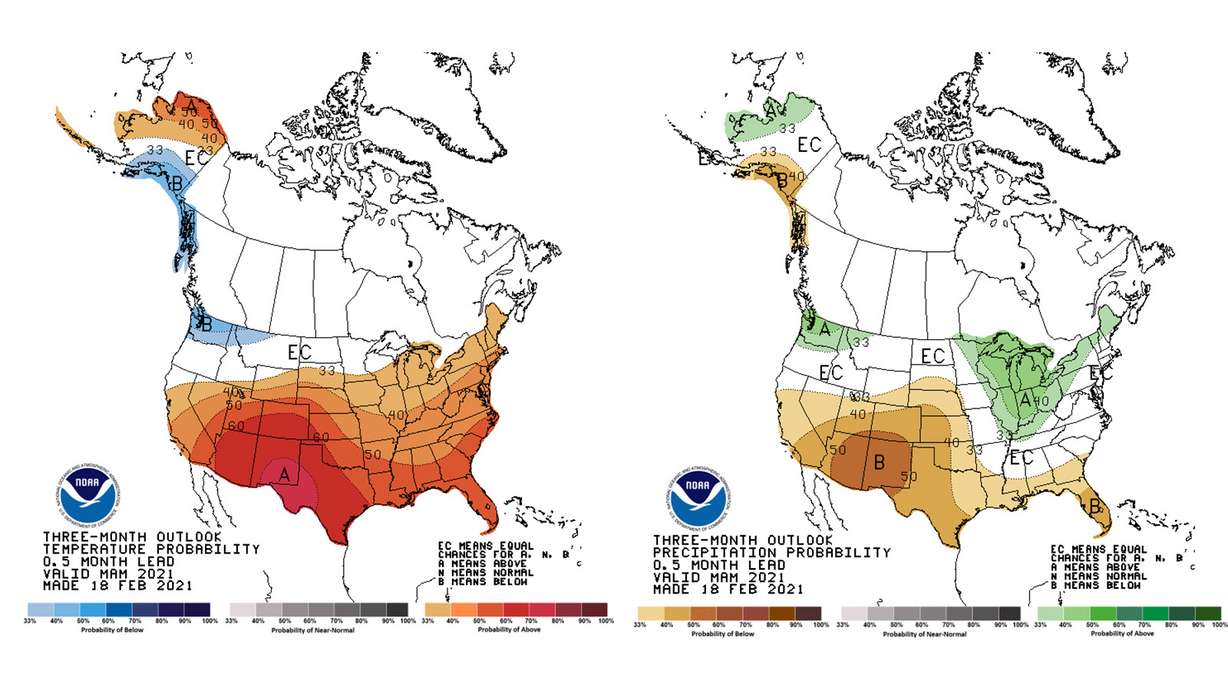 These maps, created by the National Weather Service Climate Prediction Center, show the probability for above or below average temperatures and precipitation in the U.S. for March, April and May 2021. The temperature map is on the left and the precipitation map is on the right.