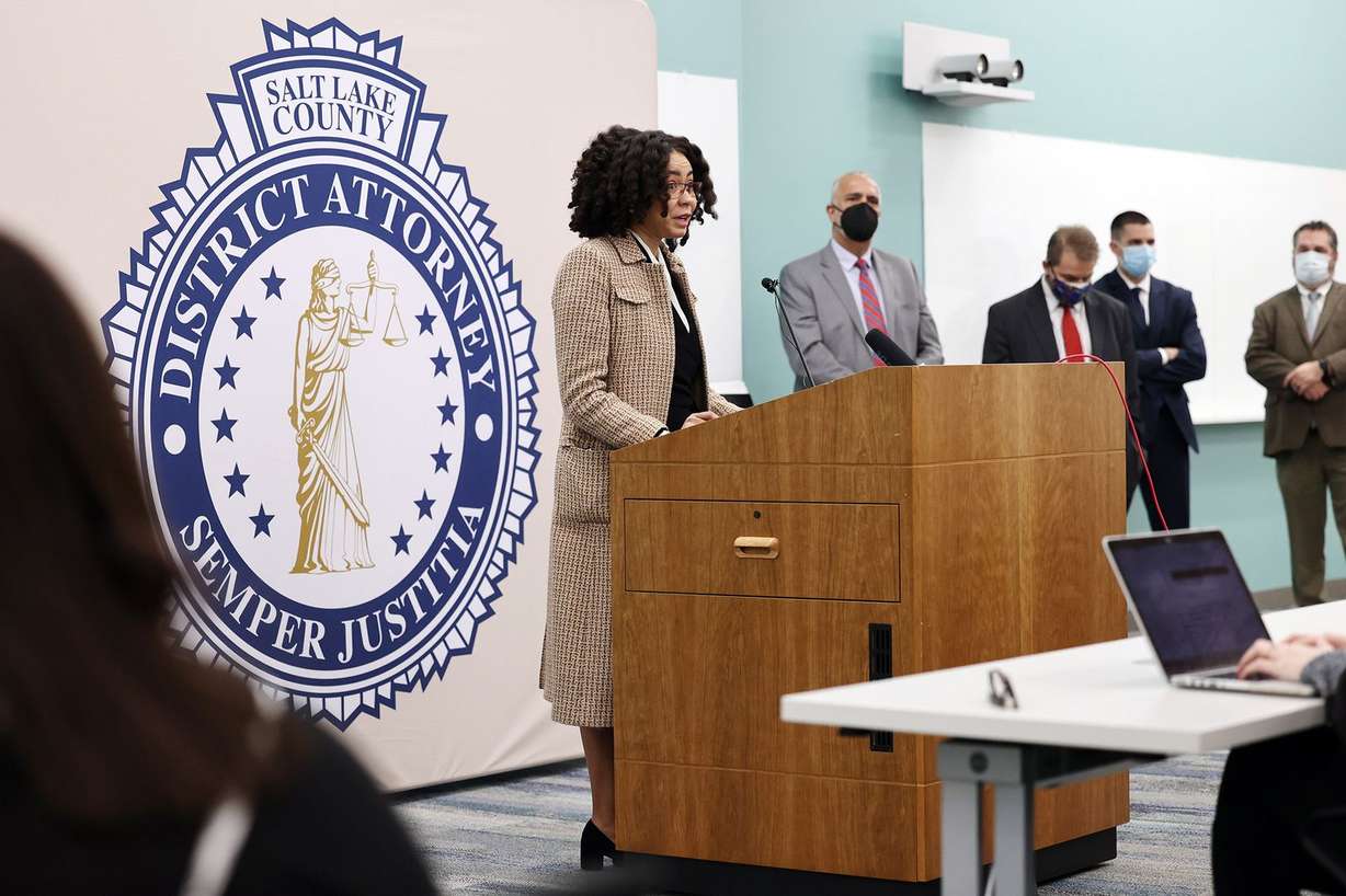Crystal Powell, with the Utah Crime Victim Legal Clinic, left, discusses a legislative effort to repeal last year’s bail reform during a press conference at the Salt Lake County District Attorney’s office in Salt Lake City on Monday, March 1, 2021.