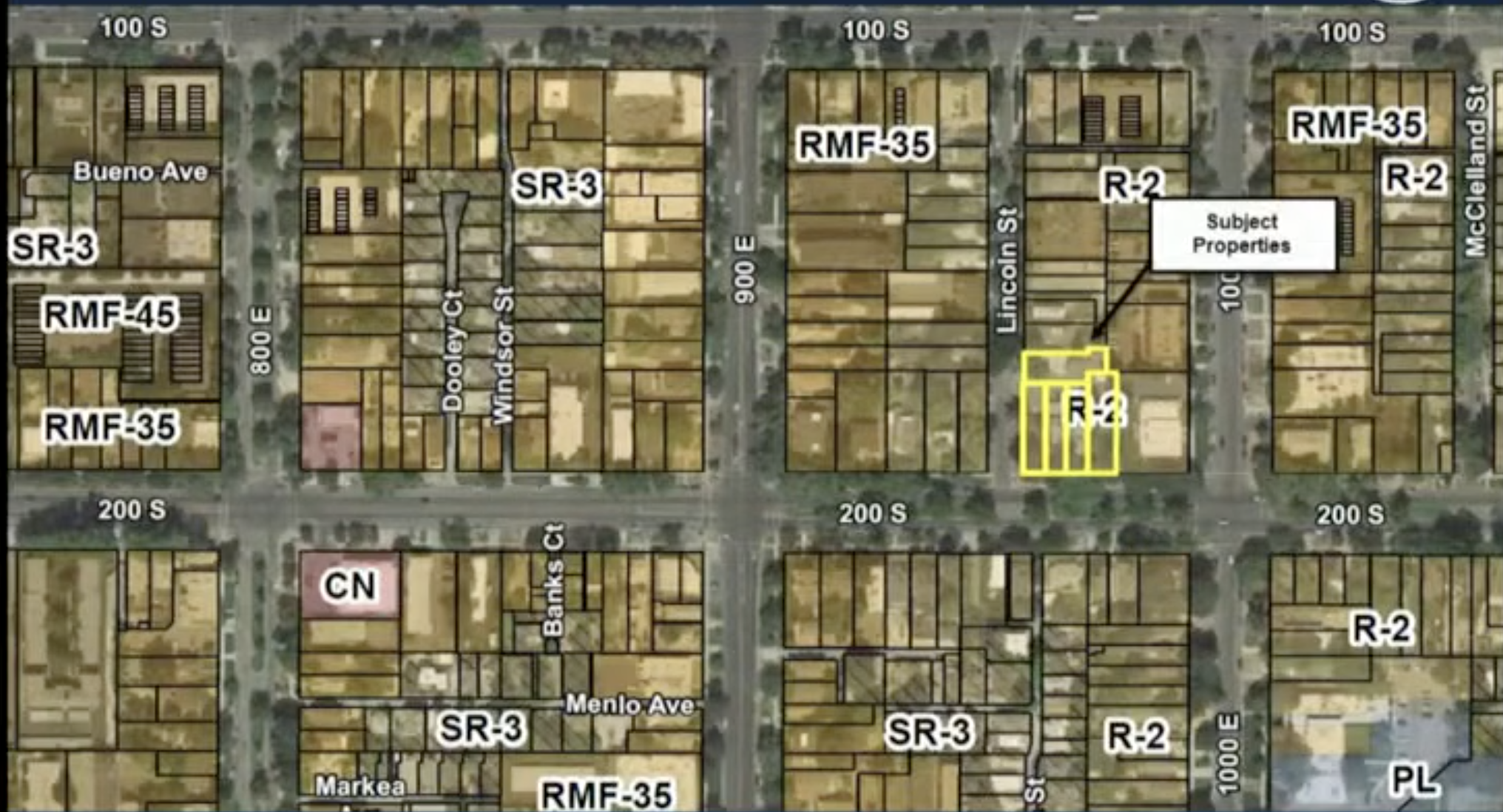 A map of where the five homes at the center of the proposal are located in Salt Lake City.