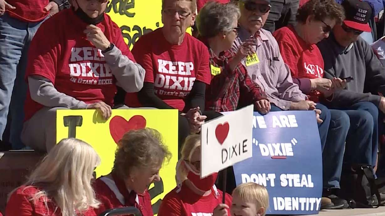 People rally at Dixie State University on Monday, March
1, 2021, to show their support for keeping the name Dixie for the
St.George-based university.