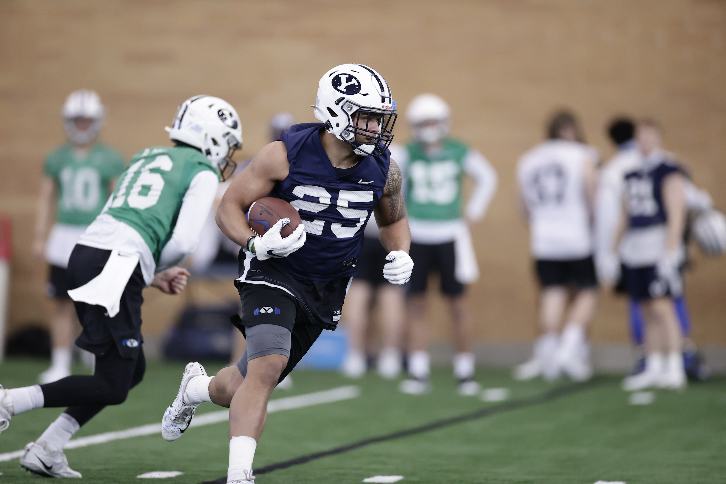 BYU running back Tyler Allgeier during the first day of spring practices, Monday, March 1, 2021 in the Indoor Practice Facility in Provo.