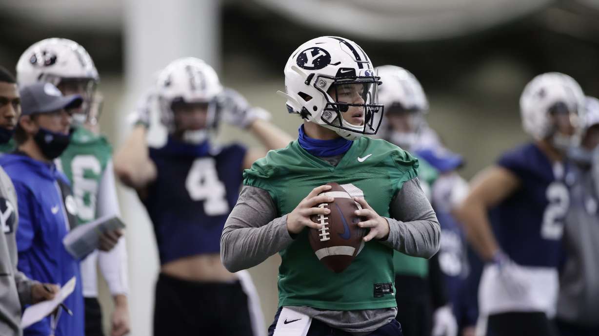 BYU quarterback Jaren Hall during the first day of spring practices, Monday, March 1, 2021 in the Indoor Practice Facility in Provo.