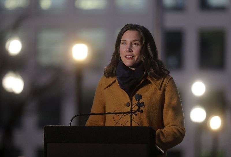 Salt Lake City Mayor Erin Mendenhall speaks during a ceremony to honor the city’s victims and survivors of COVID-19 outside of the City-County Building in Salt Lake City on Monday, March 1, 2021.