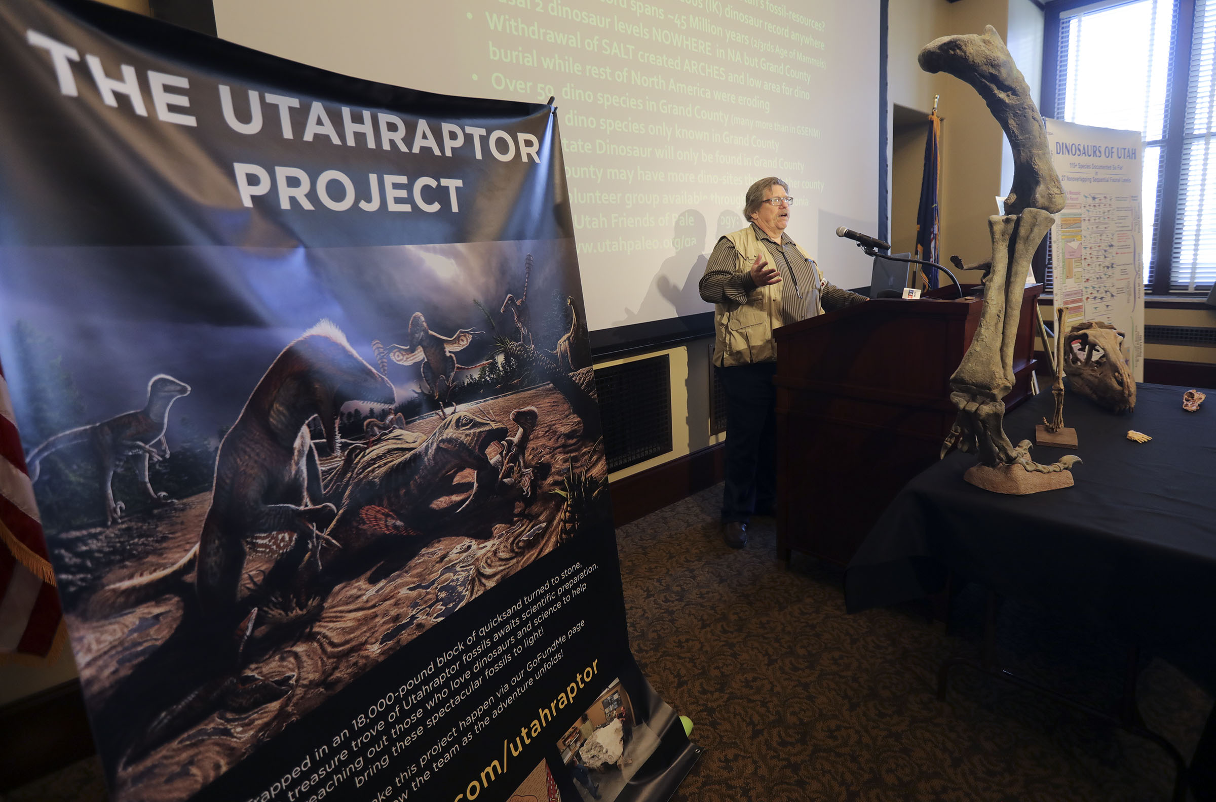 State paleontologist James Kirkland discusses a bill which would create Utahraptor State Park in the Dalton Wells area near Moab, during a press conference at the Capitol in Salt Lake City on Friday, Feb. 14, 2020.