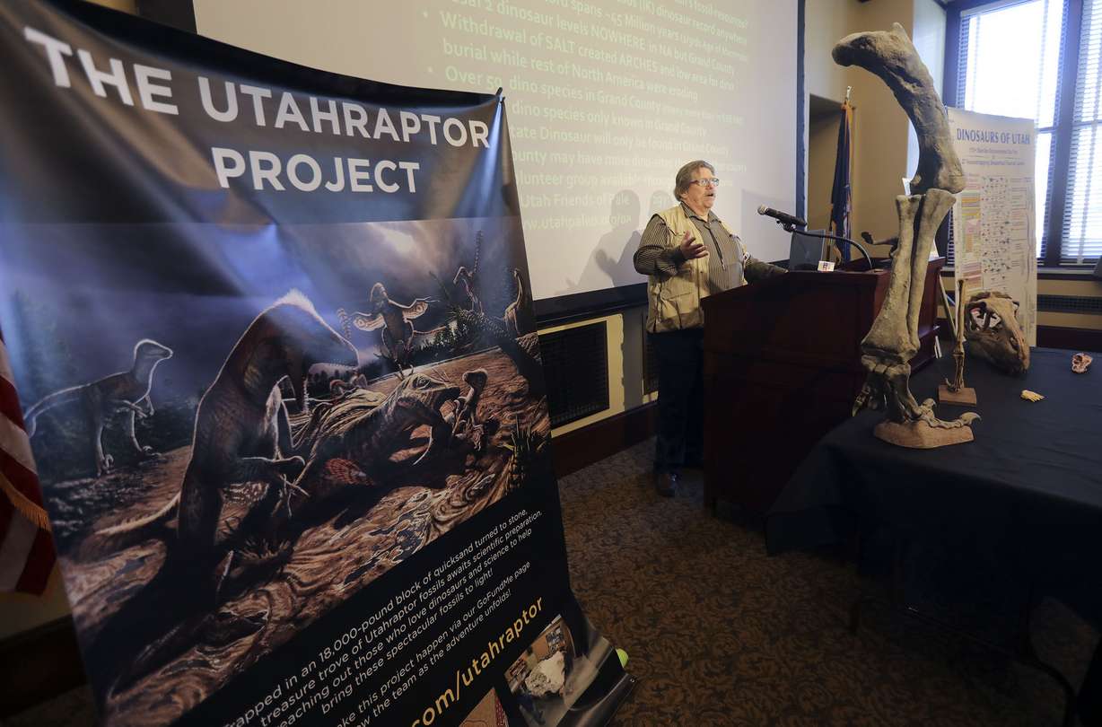 State paleontologist James Kirkland discusses a bill which would create Utahraptor State Park in the Dalton Wells area near Moab, during a press conference at the Capitol in Salt Lake City on Friday, Feb. 14, 2020.