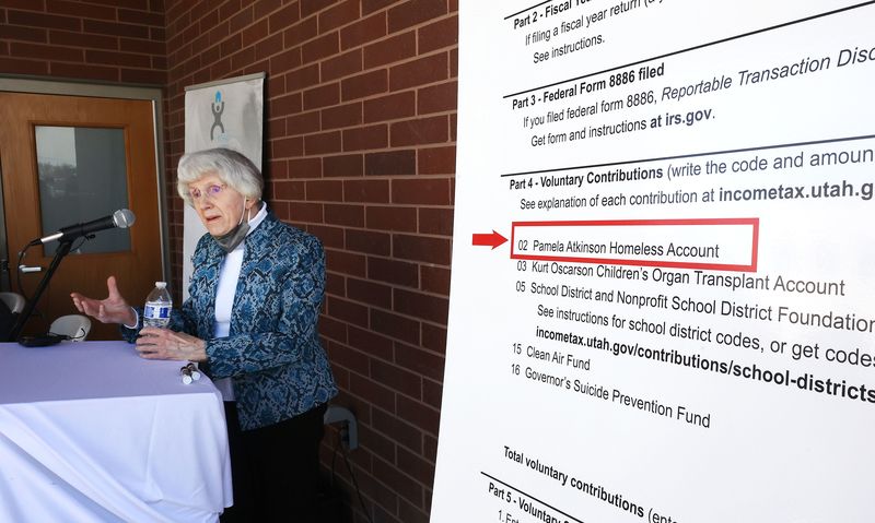 Pamela Atkinson, a longtime advocate for the homeless, speaks during a press conference at the Road Home Midvale Family Resource Center in Midvale on Tuesday, March 2, 2021, where she and Gov. Spencer Cox encouraged Utahns to donate to the Pamela Atkinson Homeless Trust Fund on their tax forms.