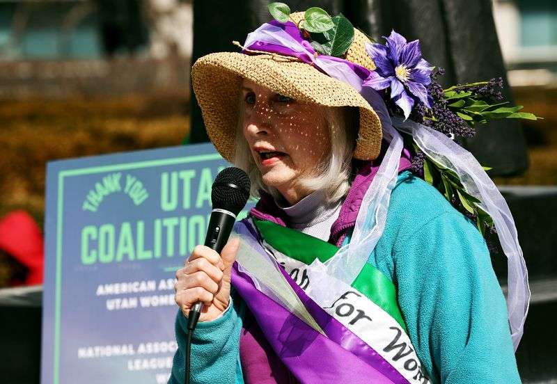 Claire Turner, of the American Association of University Women of Utah, speaks to supporters of the Equal Rights Amendment gathered for a rally at the Capitol in Salt Lake City on Tuesday, March 2, 2021.