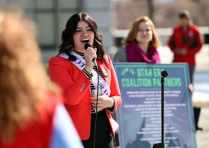 Jess Wojciechowski, student body president-elect at the University of Utah, speaks to supporters of the Equal Rights Amendment during a rally at the Capitol in Salt Lake City on Tuesday, March 2, 2021.