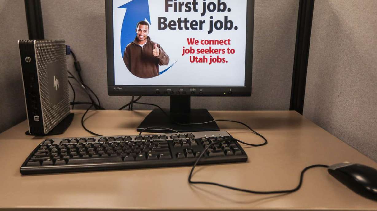 A workstation at the Department of Workforce Services
in Midvale is pictured on Thursday, Feb. 25, 2021.