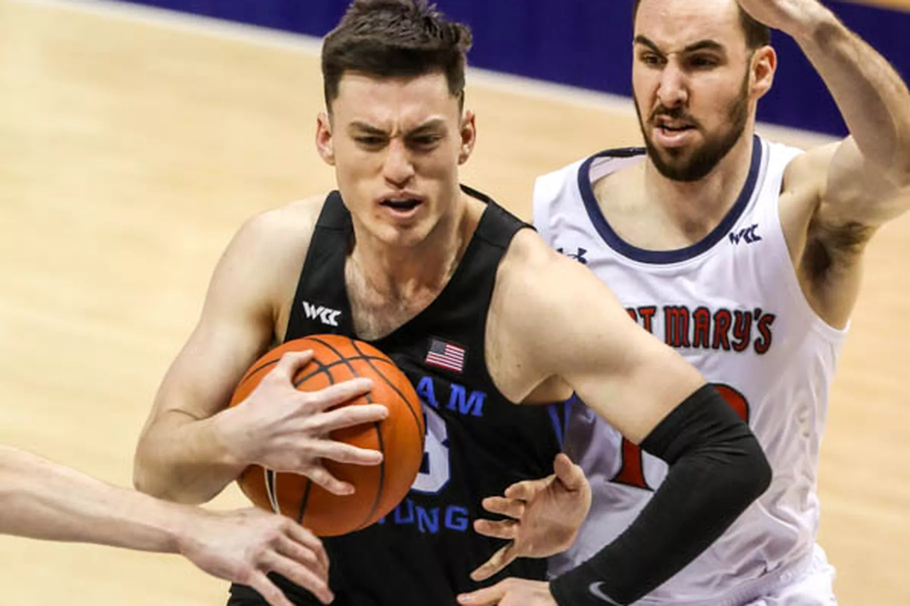 BYU guard Alex Barcello drives during a West Coast Conference basketball game against the Saint Mary’s Gaels in Provo on Saturday, Feb. 27, 2021. 