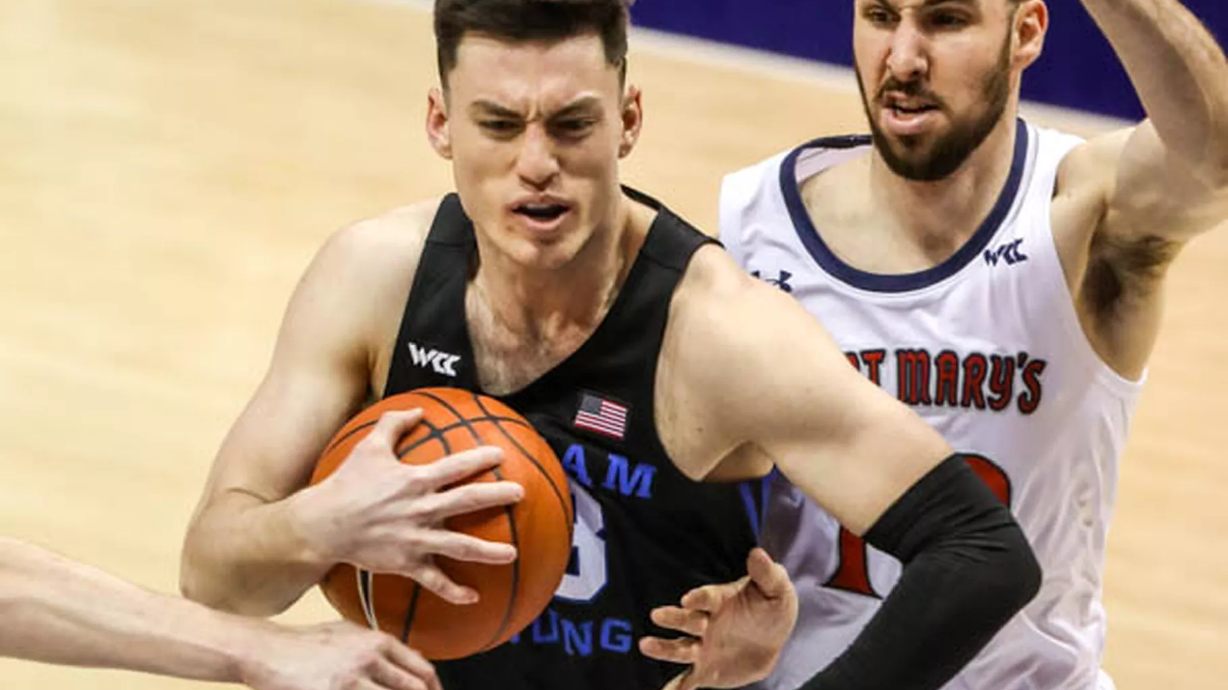 BYU guard Alex Barcello drives during a West Coast Conference basketball game against the Saint Mary’s Gaels in Provo on Saturday, Feb. 27, 2021.