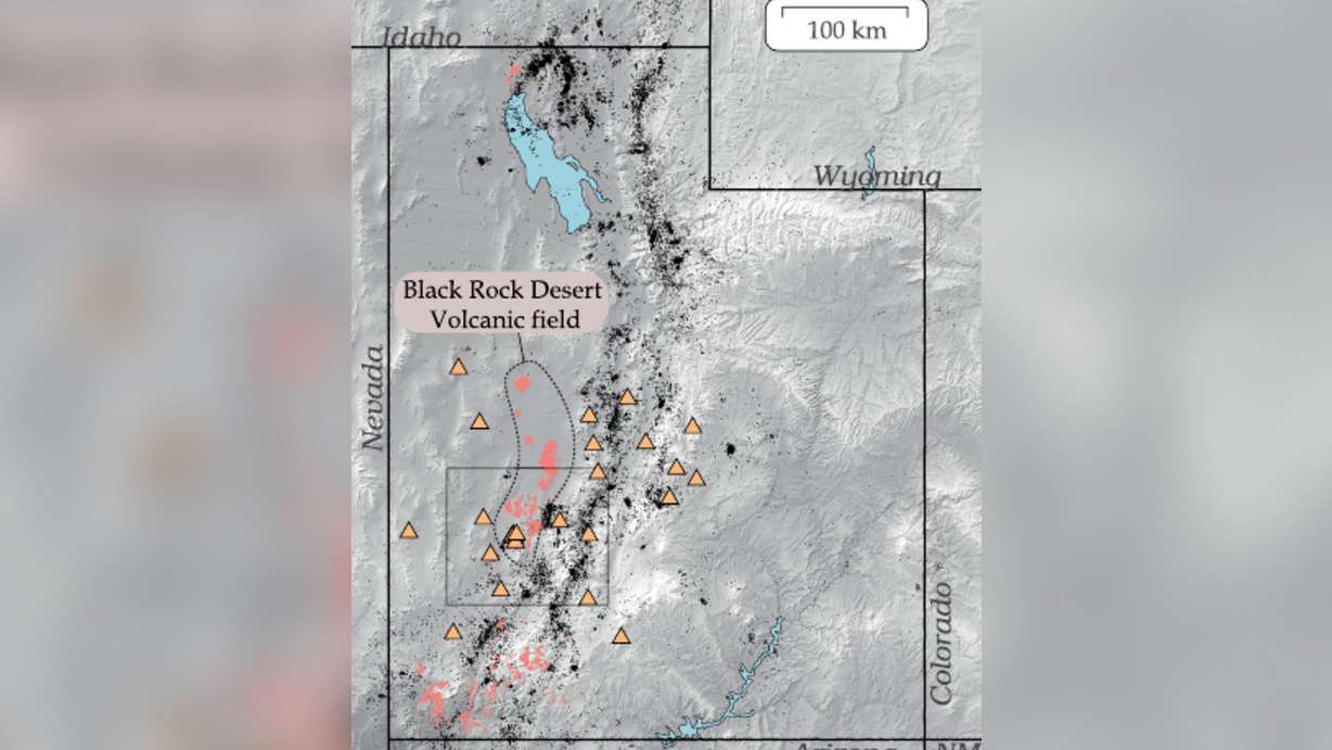 A map of the Black Rock Desert volcanic field. The orange triangles show the location of University of Utah Seismograph Stations and the black dots show the locations of Utah earthquakes.