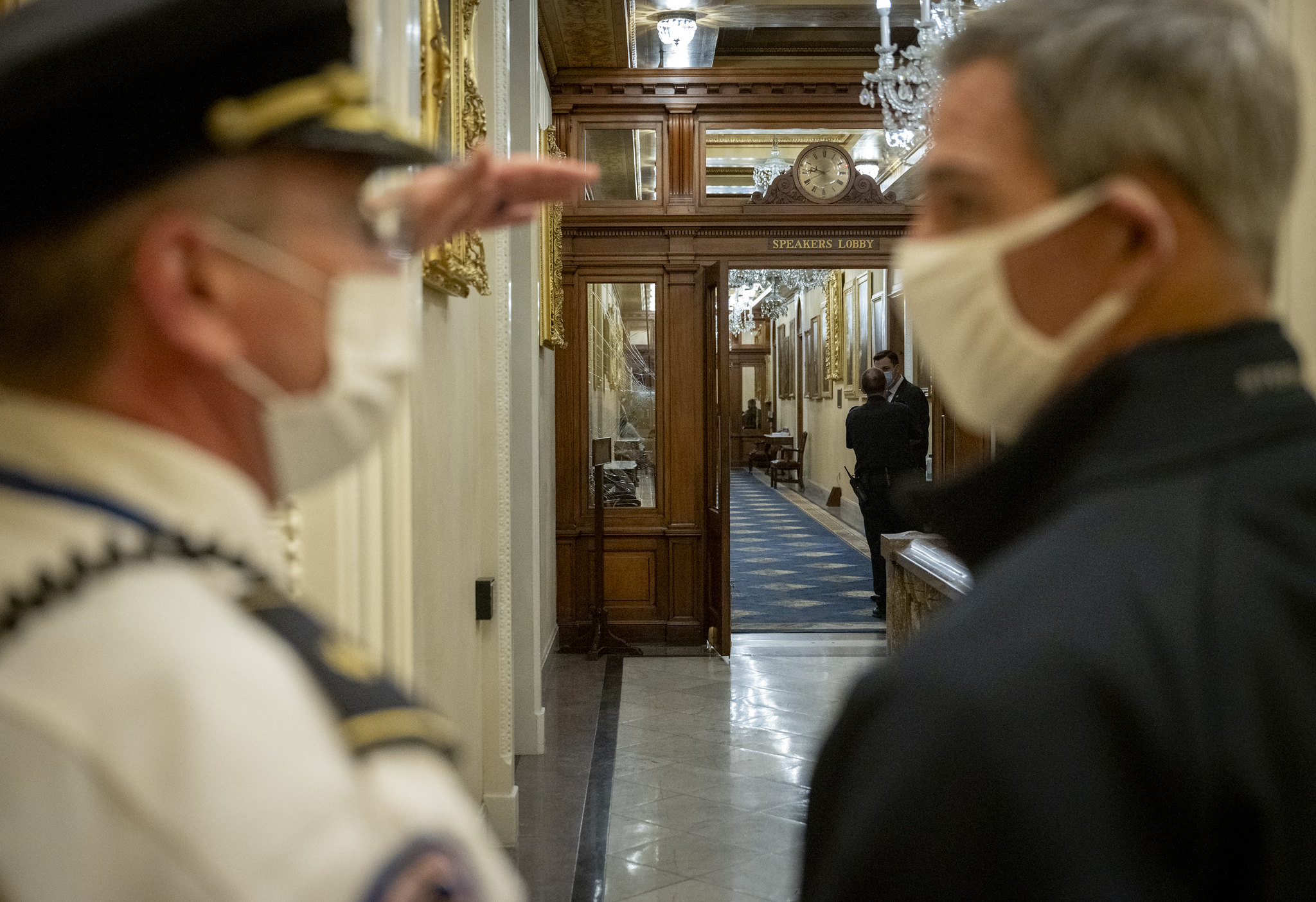 Under Secretary for Homeland Security Ken Cuccinelli, right, visited the United States Capitol to examine the damage caused by the protests on Jan. 7, 2021, in Washington, D.C. Lawmakers from both parties pledged to investigate the actions from law enforcement and questioned whether the lack of preparation allowed a mob to occupy and vandalize the Capitol building.