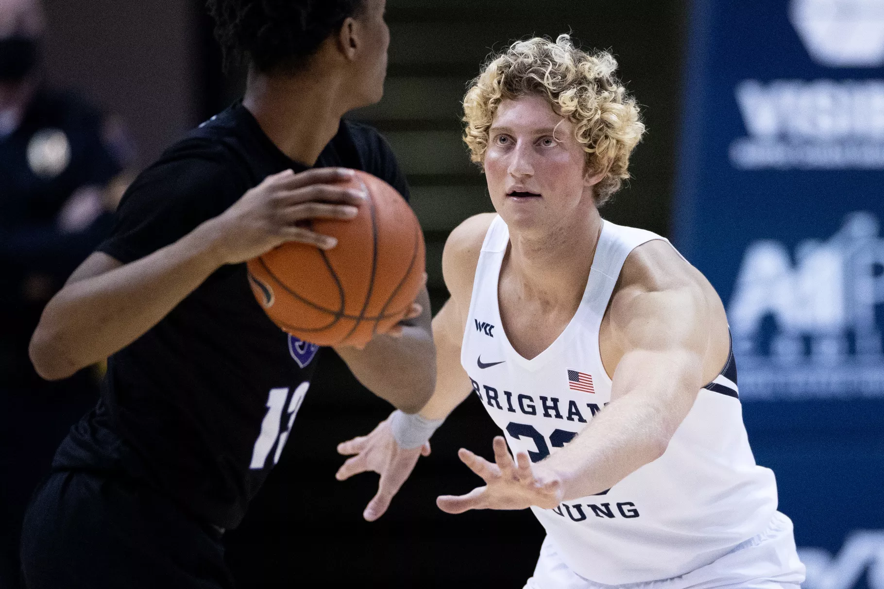 BYU freshman Caleb Lohner plays defense during a WCC basketball game against Portland in the Marriott Center in Provo, Jan. 21, 2021.