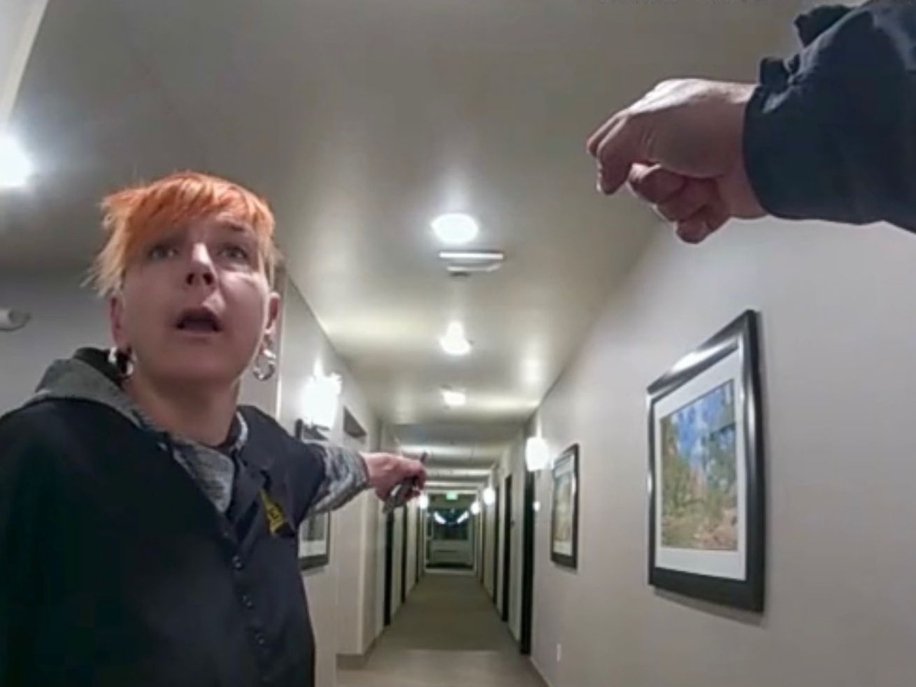 Danyale Blackmore, co-owner of My Place Hotel in
Hurricane, is pictured in a still taken from police body camera
footage in January 2020. Blackmore and her husband have filed a
civil rights lawsuit against Hurricane police. The couple claims
they asked officers to remove a guest who had damaged the hotel’s
front door, but police instead arrested Danyale Blackmore for
disorderly conduct and used excessive force.