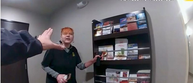 Danyale Blackmore, co-owner of My Place Hotel in
Hurricane, is pictured in a still photograph taken from police body
camera footage in January 2020. Blackmore and her husband have
filed a civil rights lawsuit against Hurricane police. The couple
claims they asked officers to remove a guest who had damaged the
hotel’s front door, but police instead arrested Danyale Blackmore
for disorderly conduct and used excessive force.