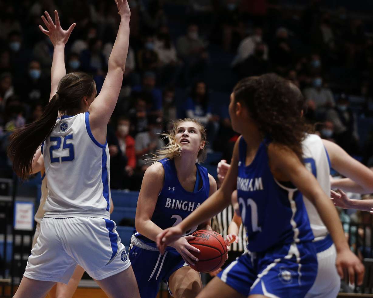 Fremont's Emma Calvert (25) defends as Bingham and Fremont compete in the Class 6A girls basketball state semifinals at Salt Lake Community College in Salt Lake City on Thursday, March 4, 2021.