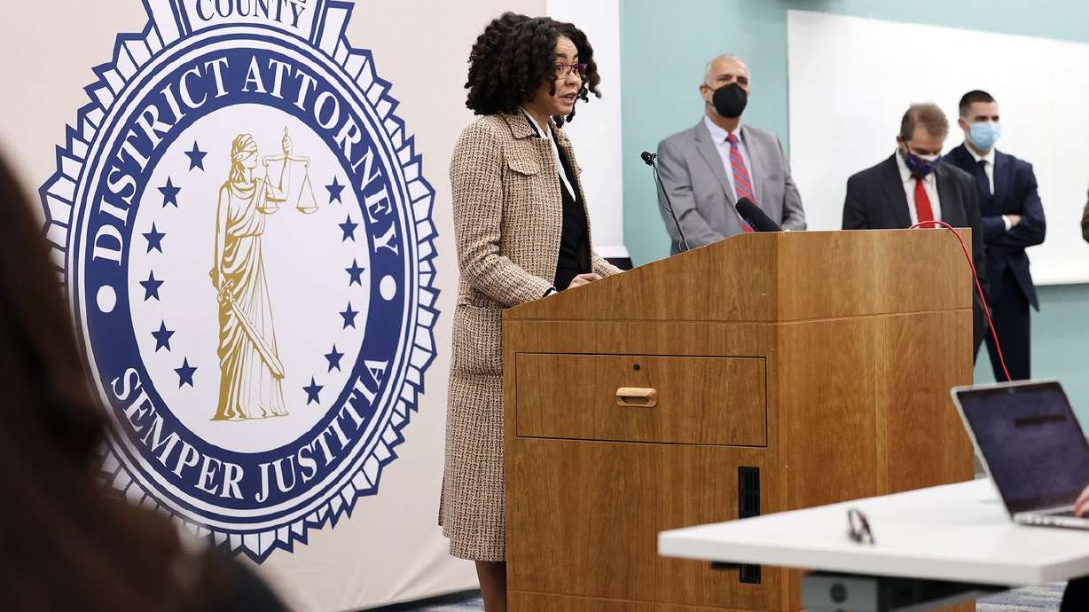 Crystal Powell, with the Utah Crime Victim Legal
Clinic, left, discusses a legislative effort to repeal last year’s
bail reform during a press conference at the Salt Lake County
District Attorney’s office in Salt Lake City on Monday, March 1,
2021. County attorneys and public defenders from Salt Lake,
Davis and Utah counties denounced what they called a "bad
faith” proposal to undo the law now keeping suspects in jail based
mainly on the risk they pose and not whether they can afford bail.