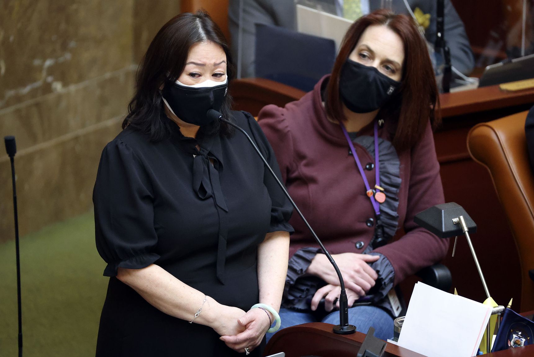 Rep. Karen Kwan, D-Murray, gets emotional while speaking in opposition to SB214 at the Capitol in Salt Lake City on Friday, March 5, 2021, the final day of the Utah Legislature’s 2021 general session at the Capitol in Salt Lake City on Friday, March 5, 2021. Lawmakers agreed to back away from English as the official language of Utah government by passing SB214, sponsored by Senate Majority Assistant Kirk Cullimore, R-Draper.