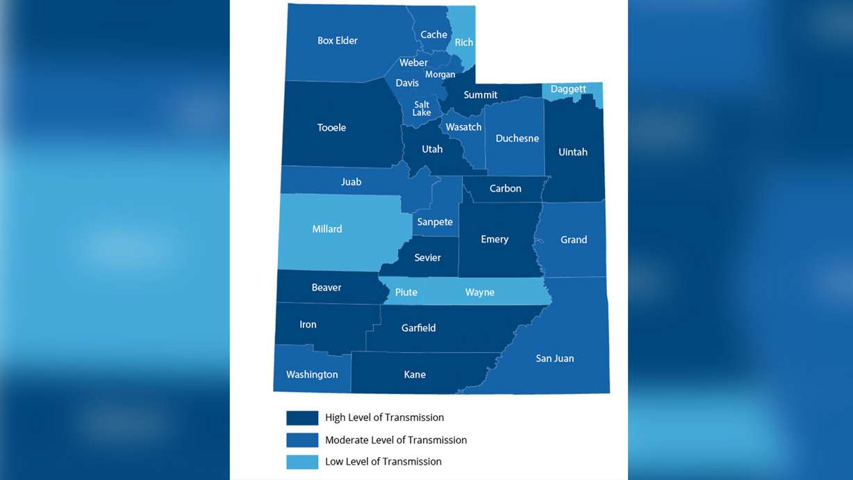 This map shows Utah's COVID-19 Transmission Index as of Thursday, March 4, 2021. Five counties were listed in "low" transmission, while 13 were listed in "moderate" and 11 were listed as "high."