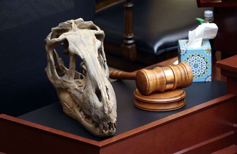 A Utahraptor skull is displayed in the House chamber at the Capitol in Salt Lake City on Friday, March 5, 2021, the final day of the Utah Legislature’s 2021 general session.