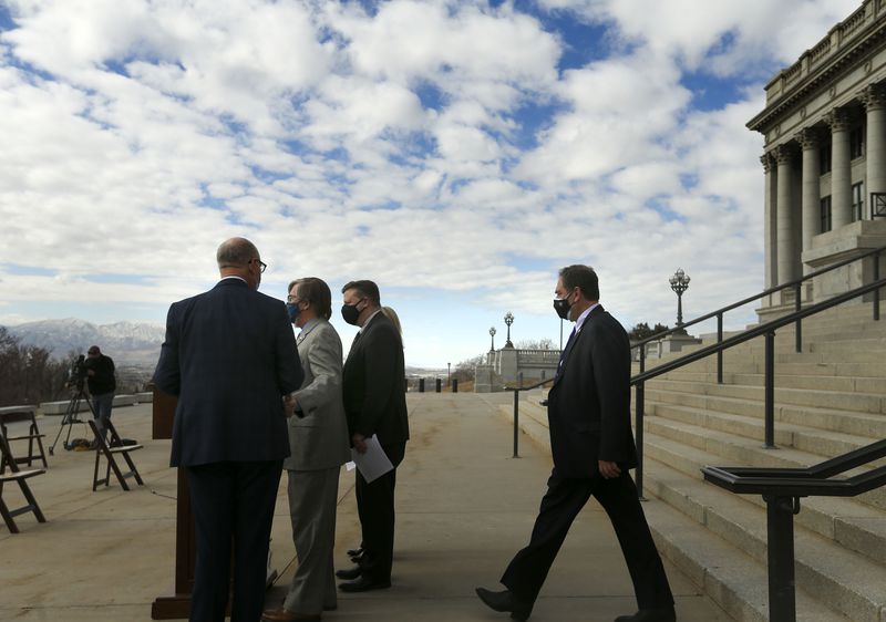Rep. Brian King, D-Salt Lake City, right, and members
of the bipartisan Clean Air Caucus prepare to discuss air quality
legislation and funding requests under consideration during the
Legislature’s 2021 general session at the Capitol in Salt Lake City
on Wednesday, Feb. 10, 2021.
