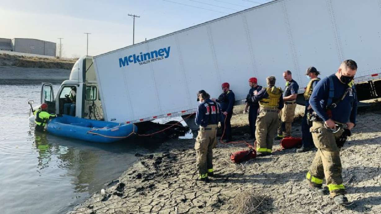 Water rescue called after semi ends up in Jordan River Canal