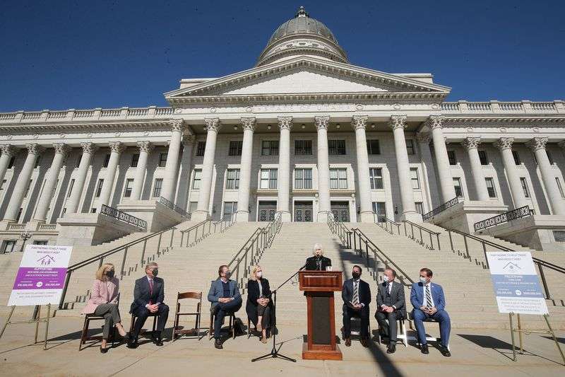 Gail Miller discusses a public-private partnership to
help address homelessness and affordable housing during a press
conference outside of the Capitol in Salt Lake City on Wednesday,
March 3, 2021.