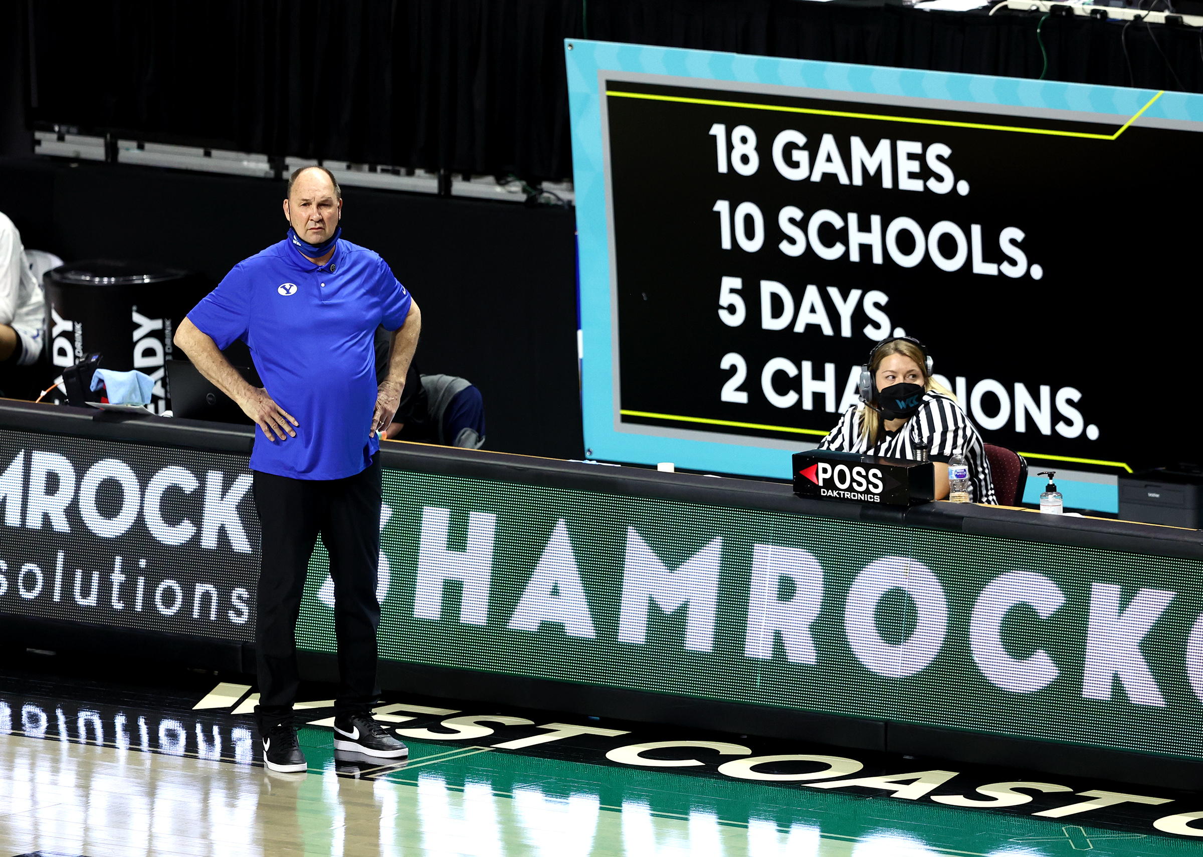 BYU coach Jeff Judkins questions a call as BYU and San Francisco play in semifinal West Coast Conference tournament basketball action at the Orleans Arena in Las Vegas on Monday, March 8, 2021.