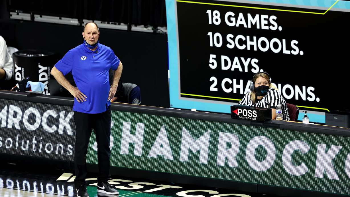 BYU coach Jeff Judkins questions a call as BYU and San Francisco play in semifinal West Coast Conference tournament basketball action at the Orleans Arena in Las Vegas on Monday, March 8, 2021.