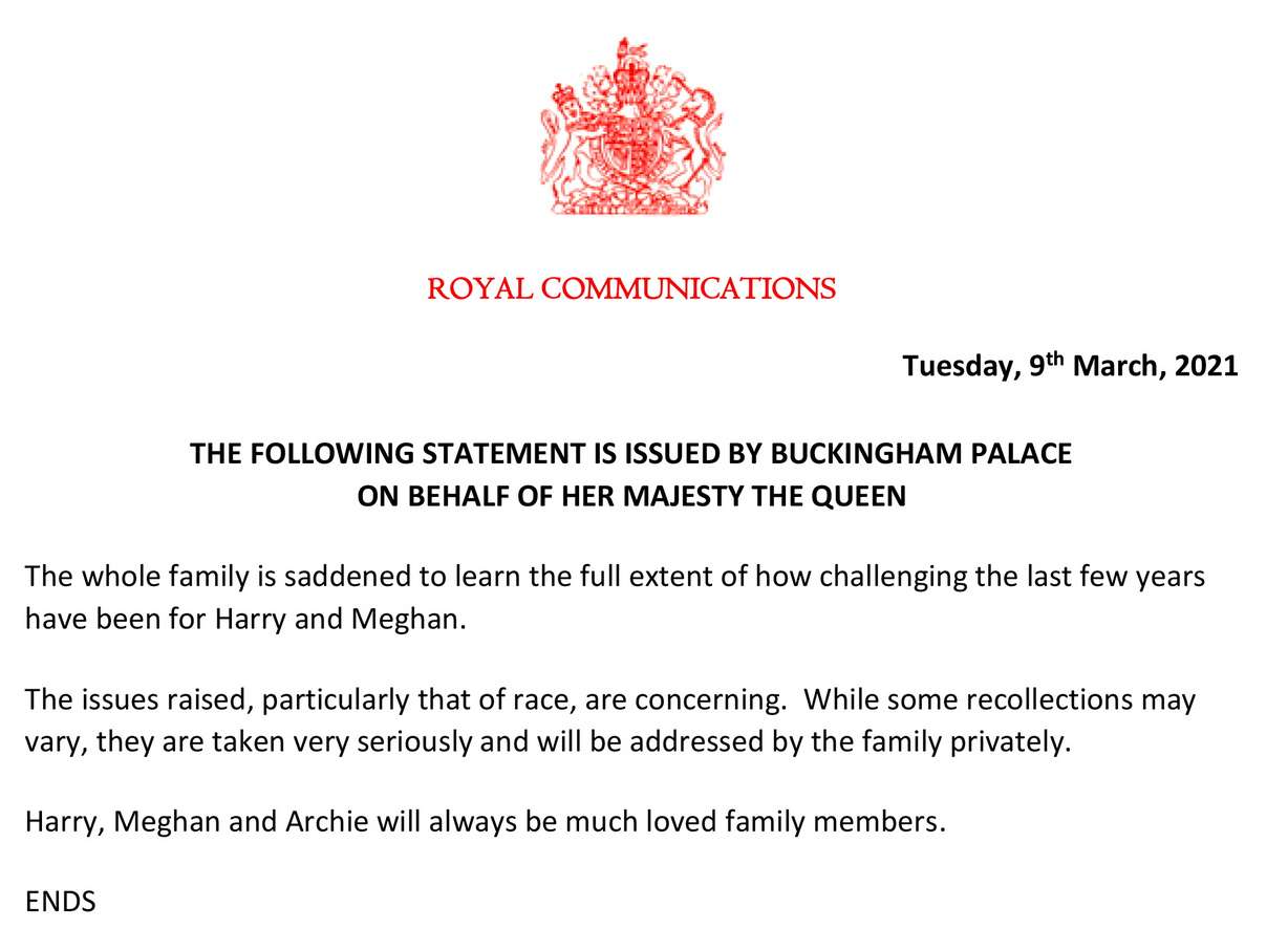 A statement by Buckingham Palace, issued on behalf of Queen Elizabeth in the wake of a television interview by Prince Harry and his wife Meghan Markle, is seen after its release in London on March 9, 2021