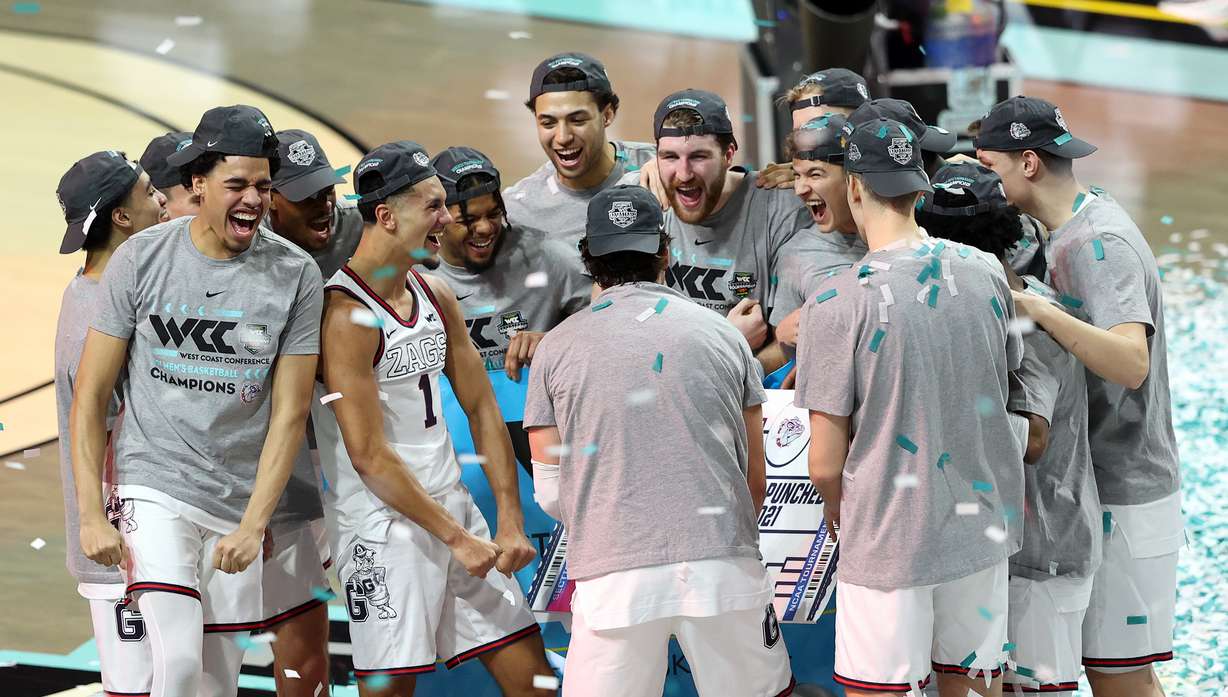 Gonzaga celebrates after defeating BYU in the finals of the West Coast Conference tournament at the Orleans Arena in Las Vegas on Tuesday, March 9, 2021. Gonzaga won 88-78.