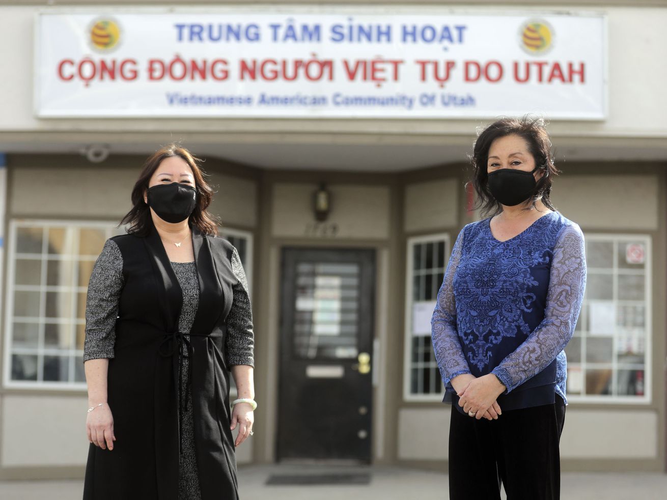 House Minority Whip Karen Kwan, D-Murray, and Sen.
Jani Iwamoto, D-Holladay, pose for a photo in front of the the
Vietnamese American Community of Utah office in Taylorsville on
Monday, March 8, 2021.