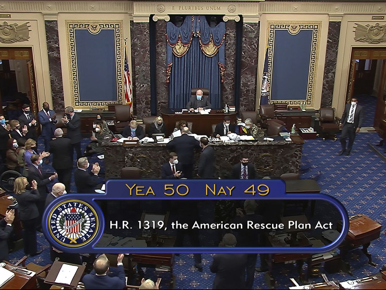 In this image from Senate Television, the vote total of
50-49 on Senate passage of the COVID-19 relief bill, is displayed
on screen in the Senate at the U.S. Capitol in Washington on
Saturday, March 6, 2021. Utah’s delegation voted against the bill
that will bring a 'stunning’ amount of money to the state. About
$3.8 billion in direct payments is heading to Utahns directly.