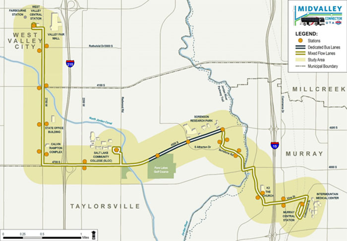 This map shows the proposed route of the Midvalley Connector rapid bus route between West Valley City and Murray.