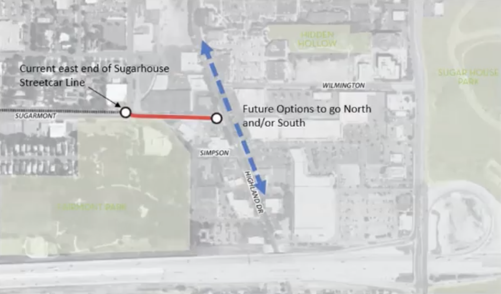 This map shows the S-Line extension plan in Sugar House. The red line shows where the route will be extended, while the blue lines show the possible directions the line will go from there.