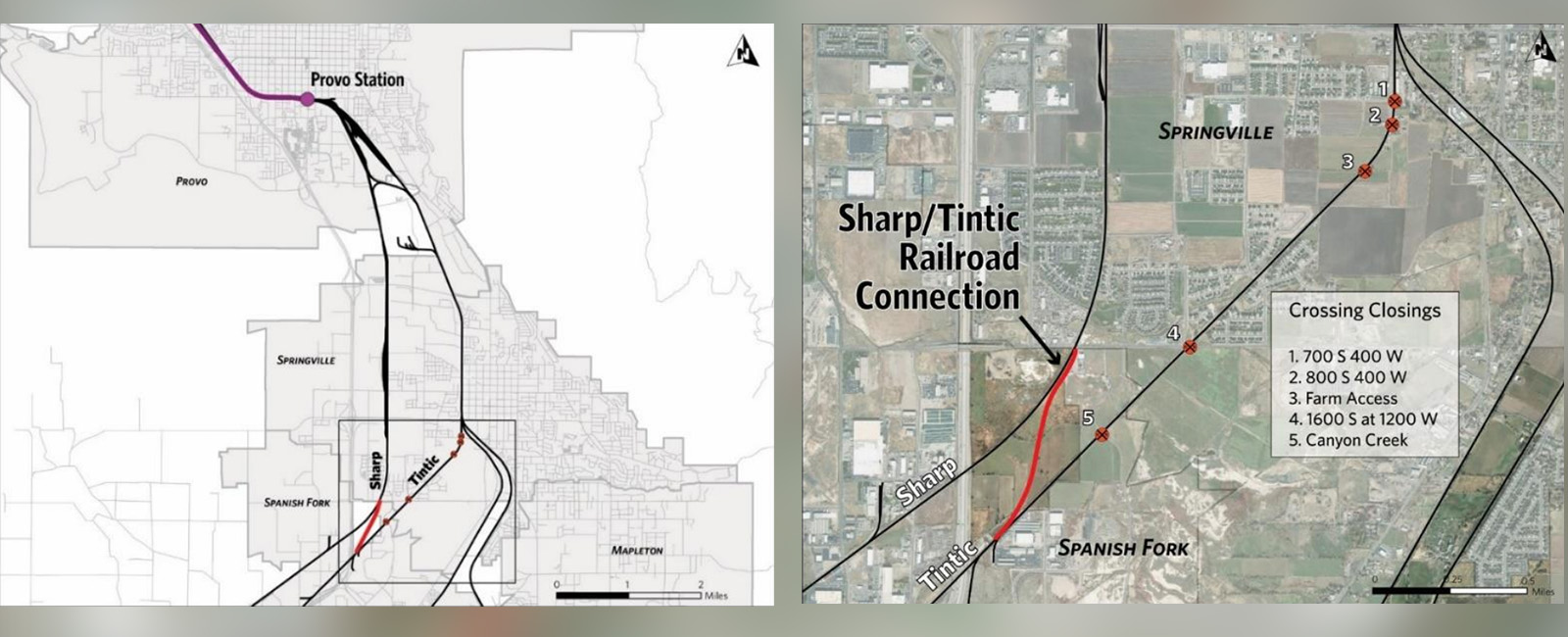 These maps show where the Sharp-Tintic Railroad Connection Project would be located. The first map shows its location to FrontRunner end location in Provo while the second shows crossings in Springville that freight trains would no longer cross after its completion.